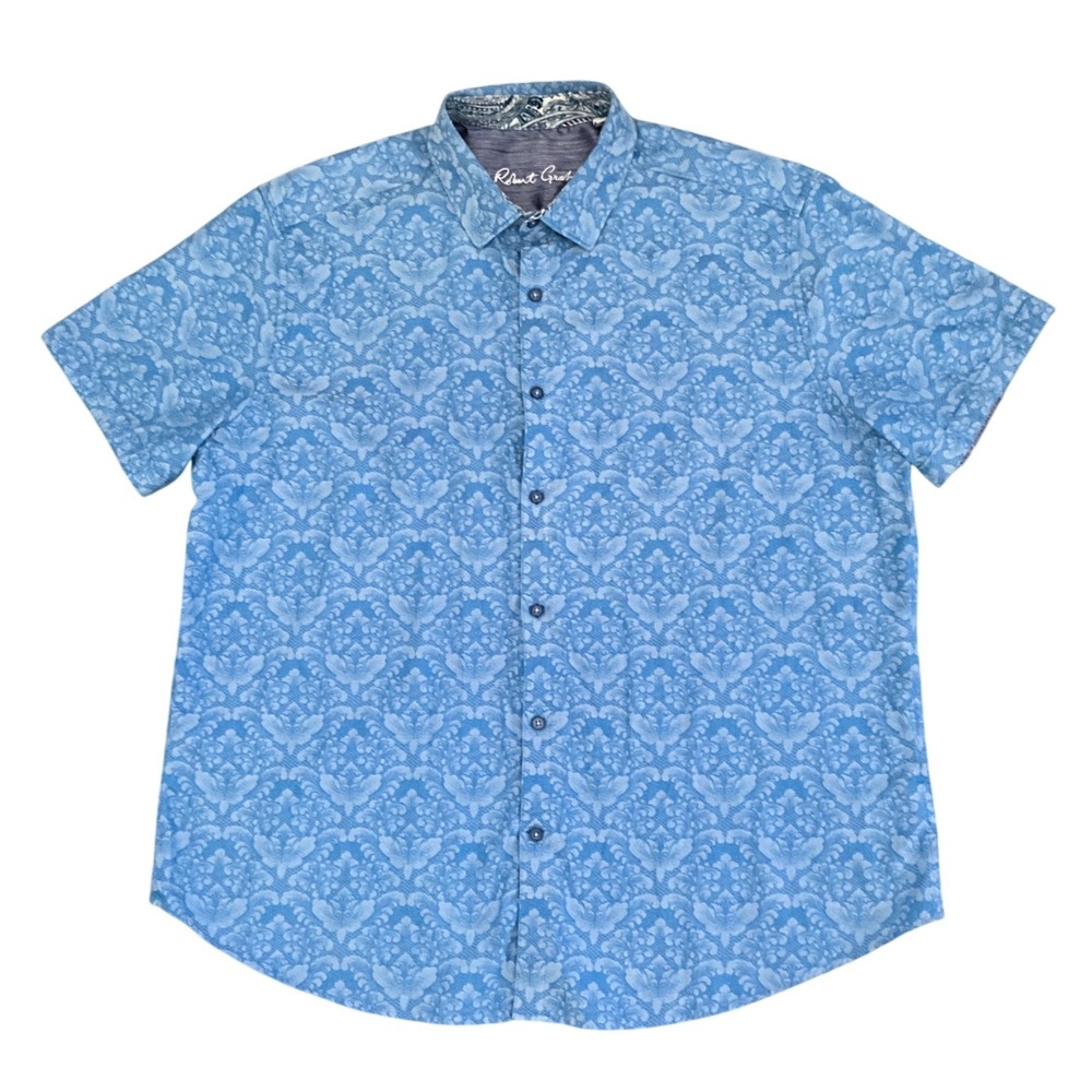 Robert Graham Floral Paisley‎ Jacquard Cotton Shirt Blue Classic Fit Mens 3XL